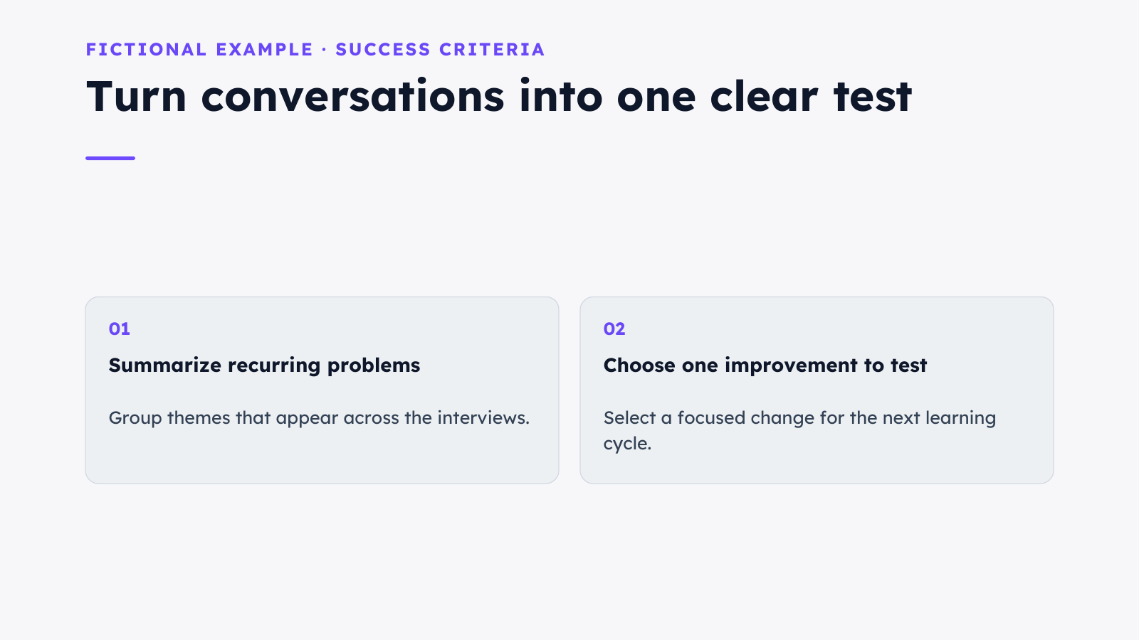 Success criteria: the recurring problems, one improvement to test